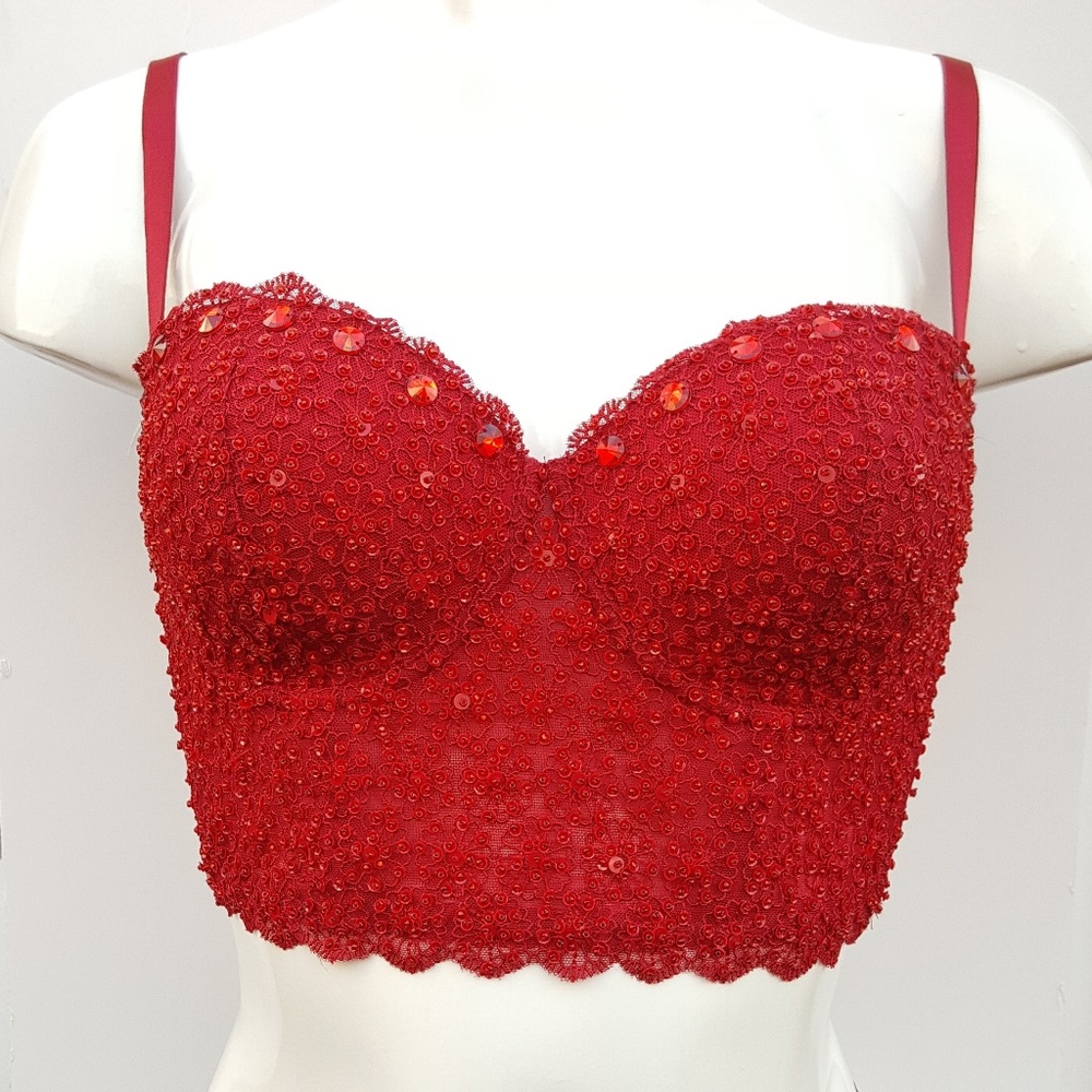 Lace bra crop top in red color.
